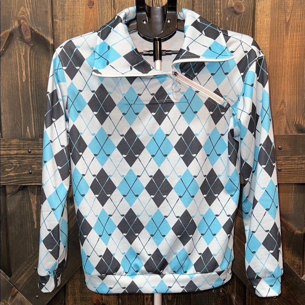 Acegolfs Not So Classic Golf Sweatshirt S Blue Argyle Plaid Clubs Side Zip Prep